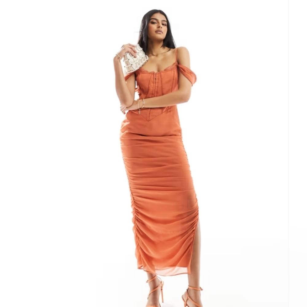 ASOS DESIGN corset lace chiffon mix panelled milkmaid midi dress, Color Rust Sz0